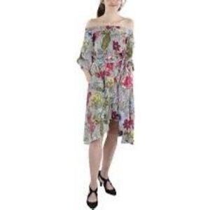 NWT Gracia Floral Striped Off Shoulder Midi Dress with a High-Low Hem.  Size S